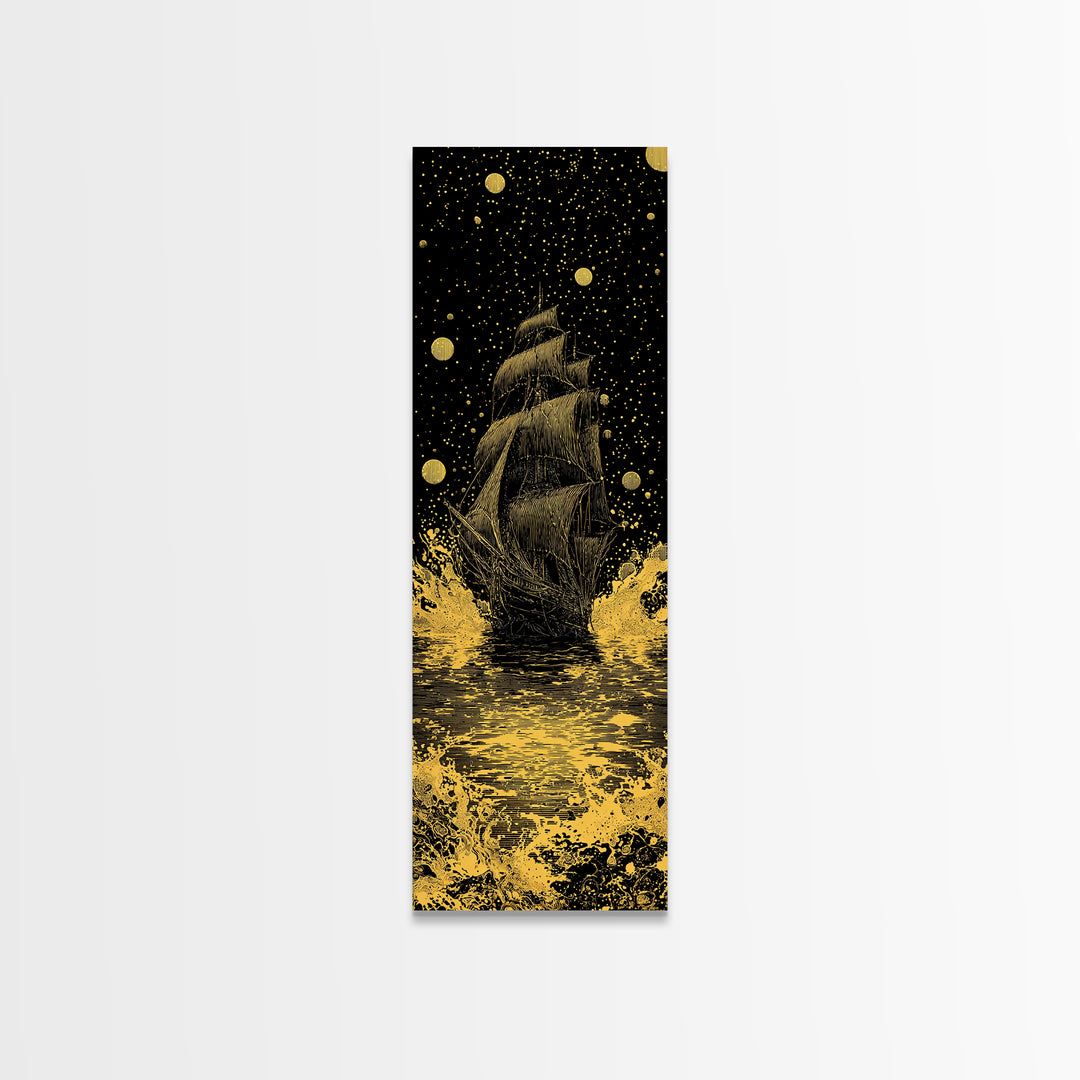 Naglfar Ship Norse Mythology Wall Decor, Canvas Gold Art Viking Canvas Art, Unique Dad Gift Office or Study Framed in Natural Wood