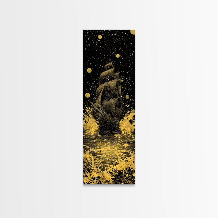 Naglfar Ship Norse Mythology Wall Decor, Canvas Gold Art Viking Canvas Art, Unique Dad Gift Office or Study Framed in Natural Wood