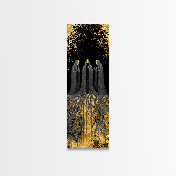 The Norns Canvas Gold Art, Viking Canvas Art of Norse Fates, Nordic Mythology Wall Hanging, Spiritual Office Art with Real Wood Frame