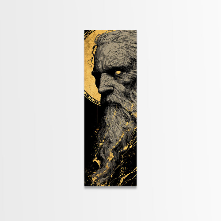 Odin Canvas Gold Art, Viking Canvas Art Norse Allfather Portrait, Nordic Mythology Wall Decor for Man Cave or Office in Wood Frame