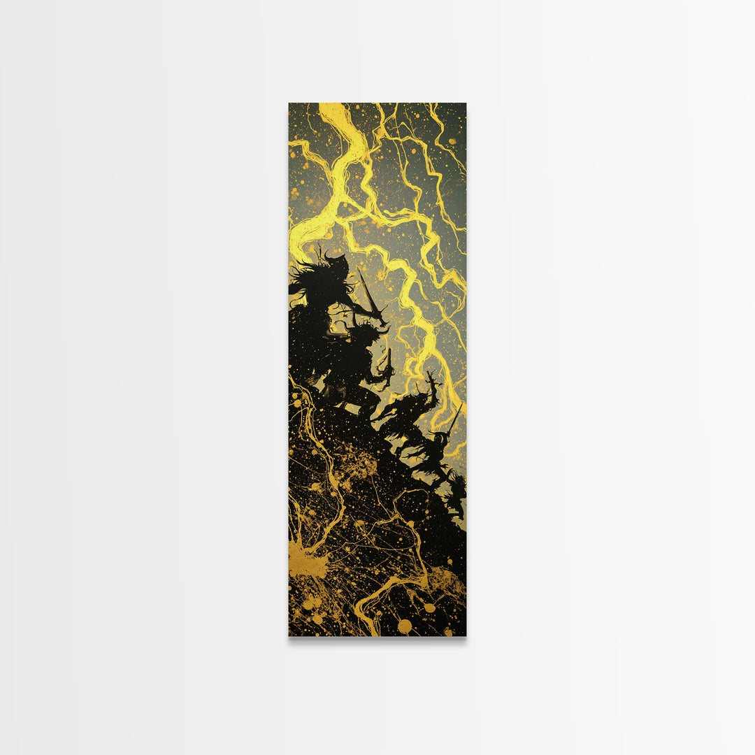 Ragnarok Canvas Gold Art, Viking Canvas Art Epic Norse Mythology Battle Scene, Nordic Warrior Office Wall Decor Framed in Natural Wood