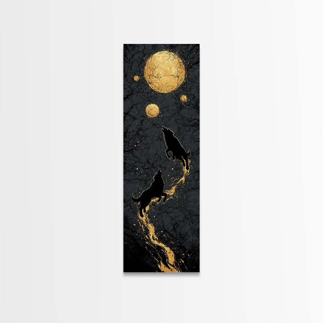 Sköll and Hati Wolves Canvas Gold Art, Viking Canvas Art Norse Mythology Wall Decor, Nordic Moon Wolves Office or Man Cave in Wood Frame