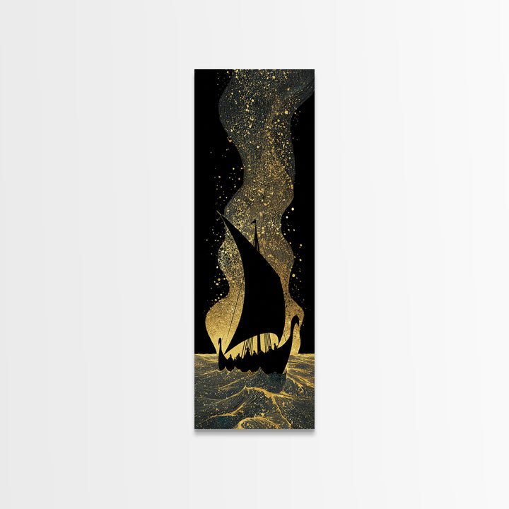 Nordic Viking Ship Canvas Gold Art, Mythology Inspired Canvas Art for Office or Man Cave, framed in authentic wood craftsmanship