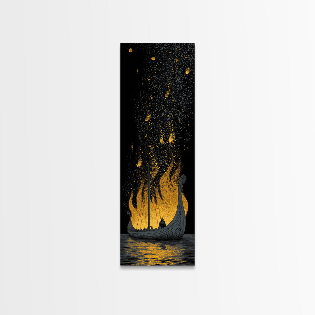 Viking Funeral Ship Canvas Gold Art, Norse Mythology Canvas Art framed with real wood, Nordic man cave wall art gift idea