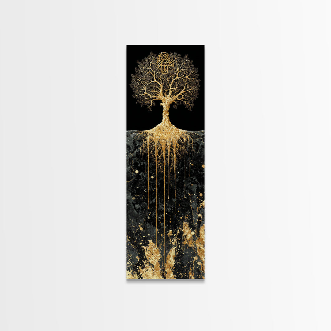 Canvas Art Yggdrasil Nordic Tree of Life, Canvas Gold Art framed with real wood, Norse Mythology inspired office or dad gift wall art
