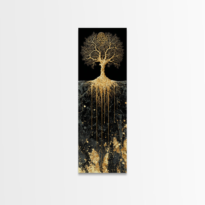 Canvas Art Yggdrasil Nordic Tree of Life, Canvas Gold Art framed with real wood, Norse Mythology inspired office or dad gift wall art