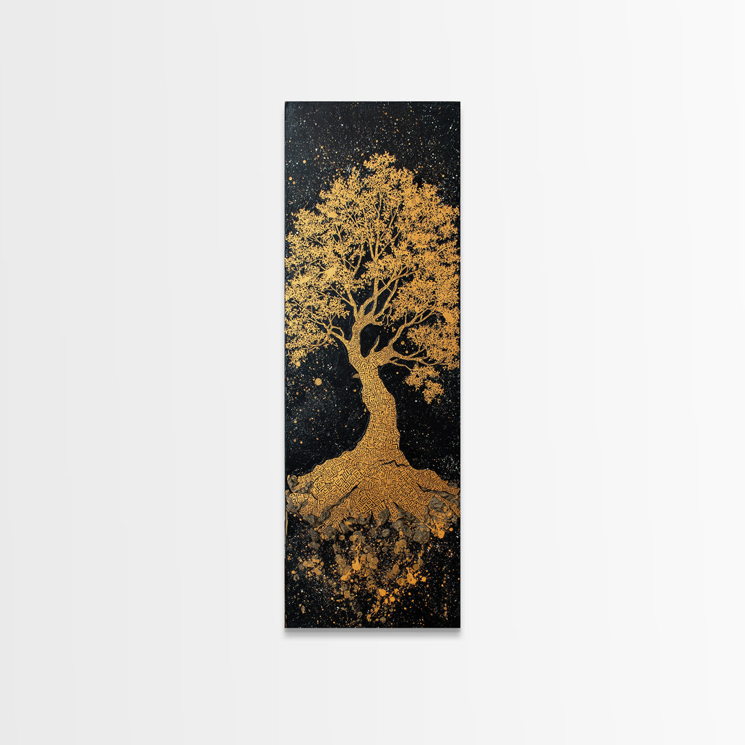 Yggdrasil Canvas Gold Art Norse World Tree, Nordic Mythology Canvas Art framed in natural wood, perfect Viking man cave wall decor