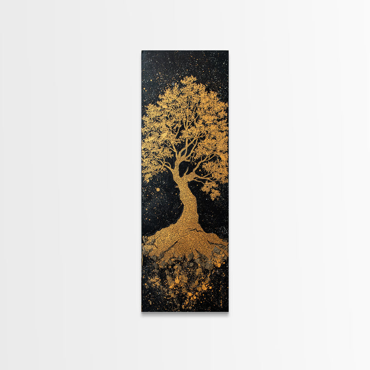 Yggdrasil Canvas Gold Art Norse World Tree, Nordic Mythology Canvas Art framed in natural wood, perfect Viking man cave wall decor