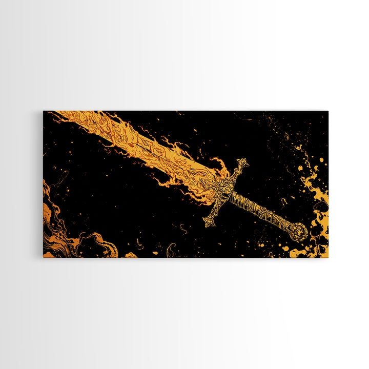 Surtur’s Flaming Sword Canvas Gold Art Canvas Art Viking Wall Decor, Norse Mythology Office Gift with Real Wood Frame