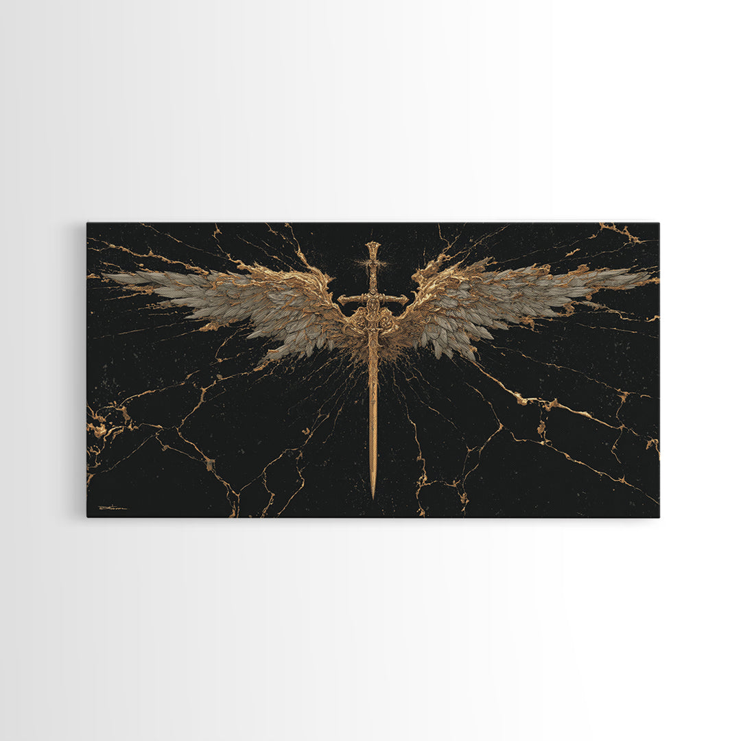 Winged Sword Canvas Gold Art Canvas Art Norse Mythology Wall Art Framed in Real Wood, Viking Office Decor or Dad Gift