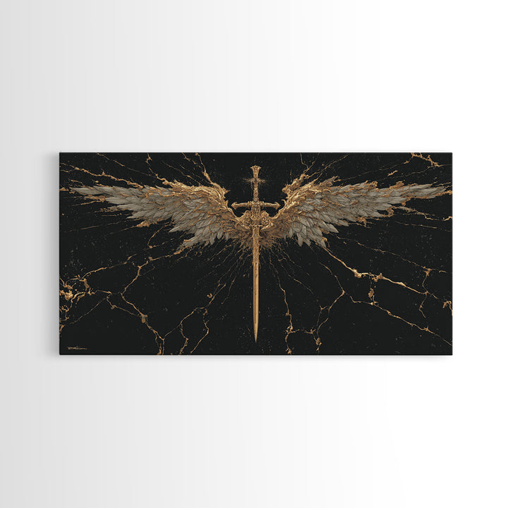 Winged Sword Canvas Gold Art Canvas Art Norse Mythology Wall Art Framed in Real Wood, Viking Office Decor or Dad Gift