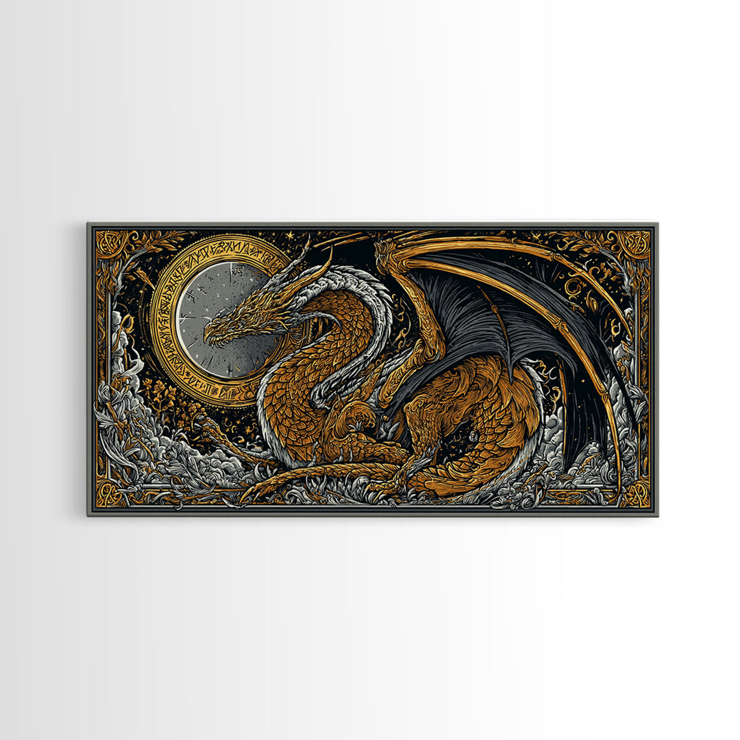 Nidhogg Dragon Canvas Gold Art Canvas Art Norse Mythology Wall Decor with Real Wood Frame, Viking Man Cave or Office Gift