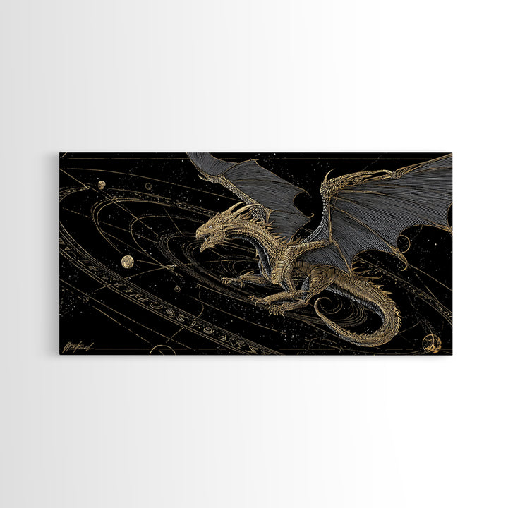 Cosmic Norse Dragon Canvas Gold Art Canvas Art Wall Decor, Nordic Mythology Gift for Office or Man Cave, Natural Wood Frame