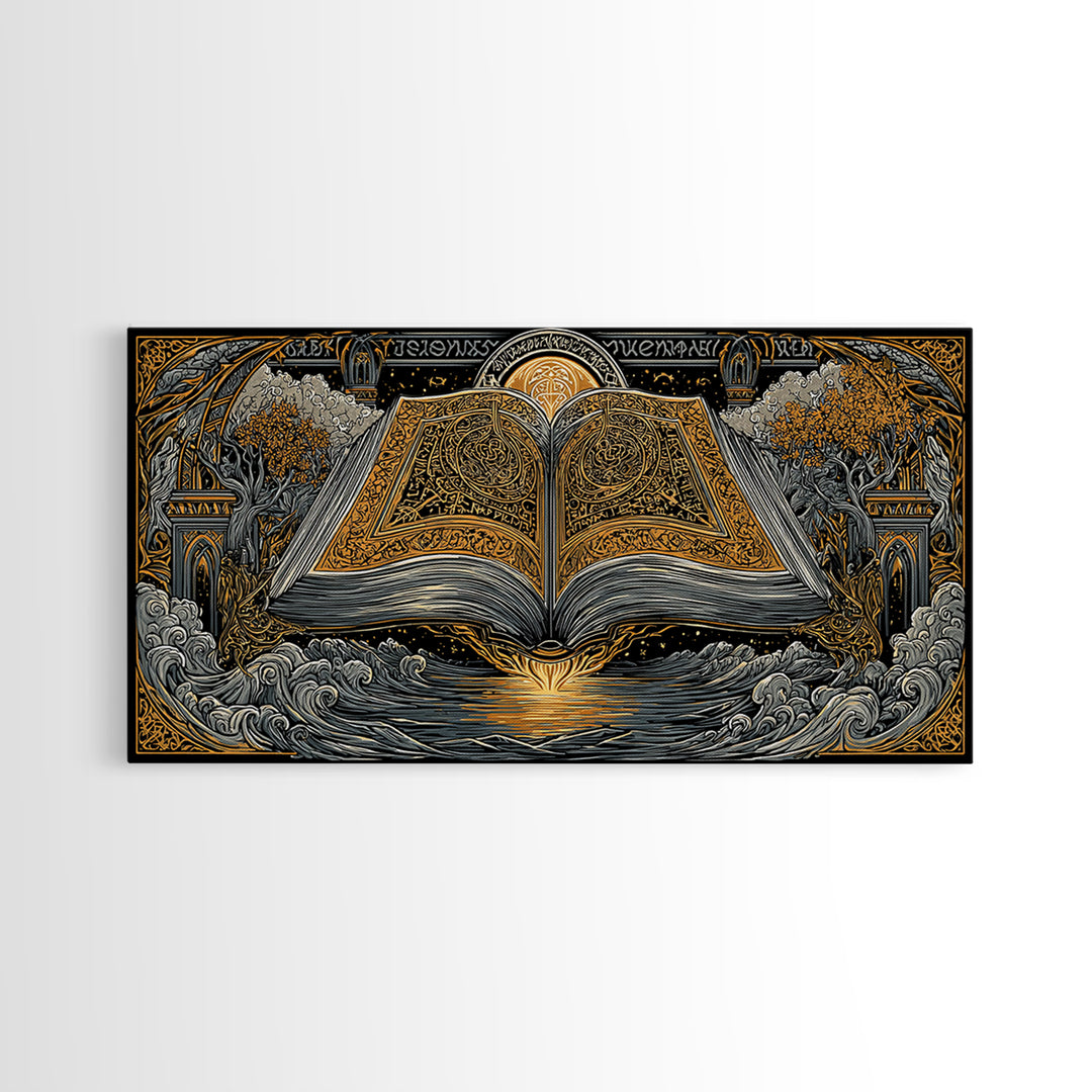 Poetic Edda Book Canvas Gold Art Canvas Art Norse Mythology Wall Decor with Real Wood Frame, Viking Office or Dad Gift Artwork