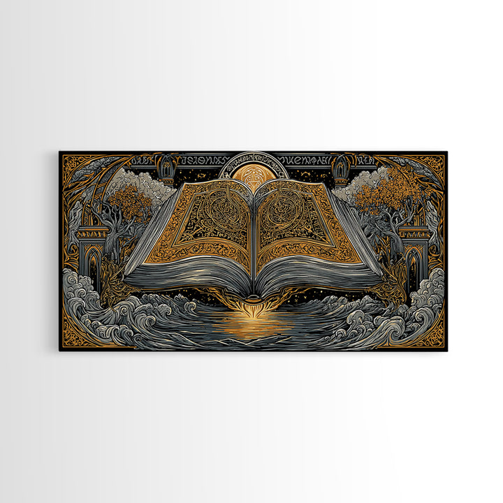 Poetic Edda Book Canvas Gold Art Canvas Art Norse Mythology Wall Decor with Real Wood Frame, Viking Office or Dad Gift Artwork