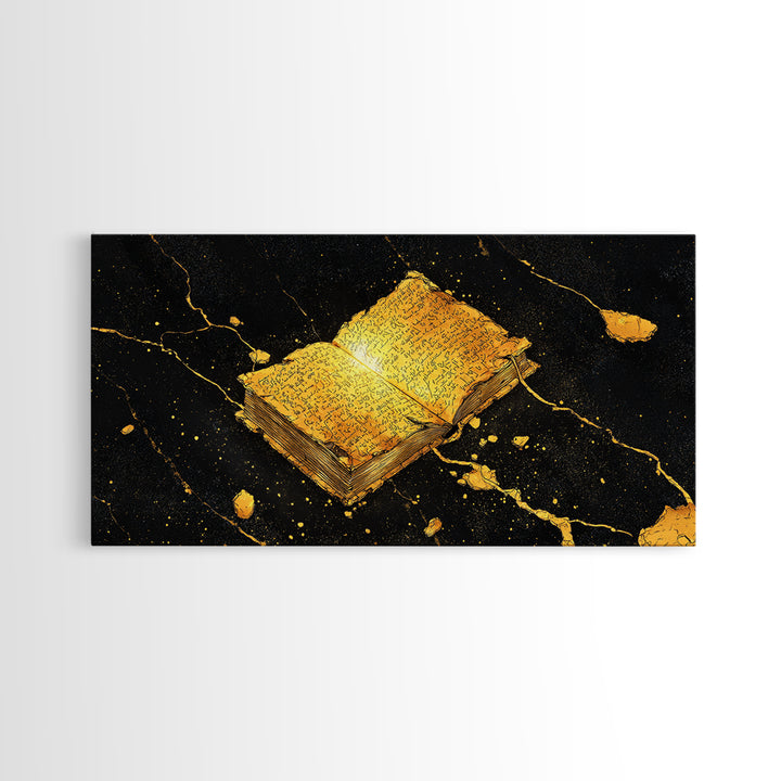 Ancient Nordic Runes Book Canvas Gold Art Canvas Art with Cosmic Background, Viking Mythology Wall Decor, Real Wood Frame
