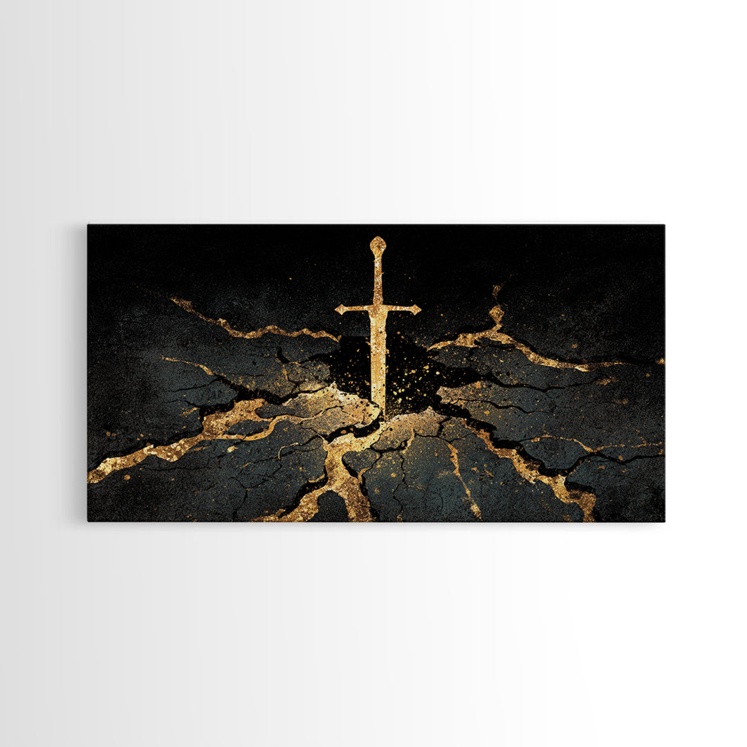 Sword of Ragnarok Canvas Gold Art, Nordic Mythology Canvas Art Wall Decor, Viking Office Art framed in natural wood for men’s spaces