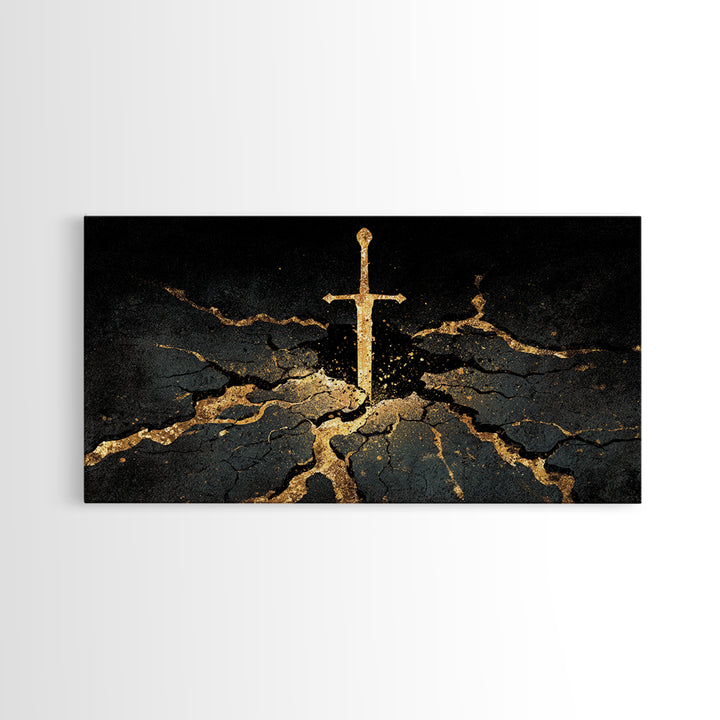 Sword of Ragnarok Canvas Gold Art, Nordic Mythology Canvas Art Wall Decor, Viking Office Art framed in natural wood for men’s spaces