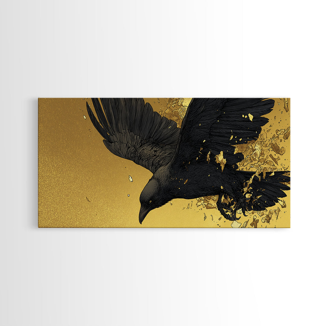 Odin’s Raven Huginn Canvas Gold Art Canvas Art Norse Mythology Wall Decor with Natural Wood Frame, Man Cave or Office Gift