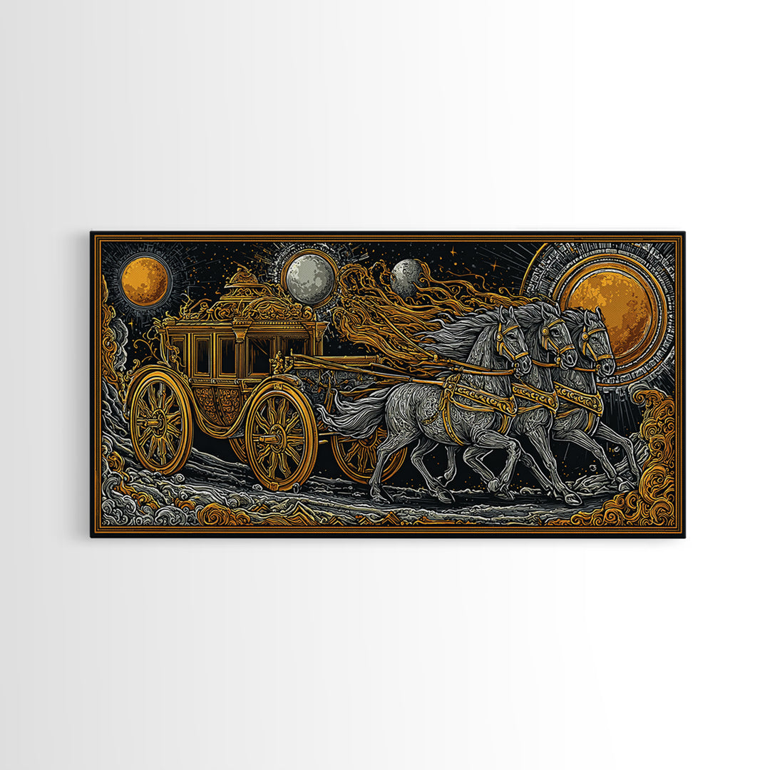 Chariot of Sol Norse Canvas Gold Art, Nordic Mythology Canvas Art Wall Hanging, Viking Decor for Office or Dad Gift, framed in wood