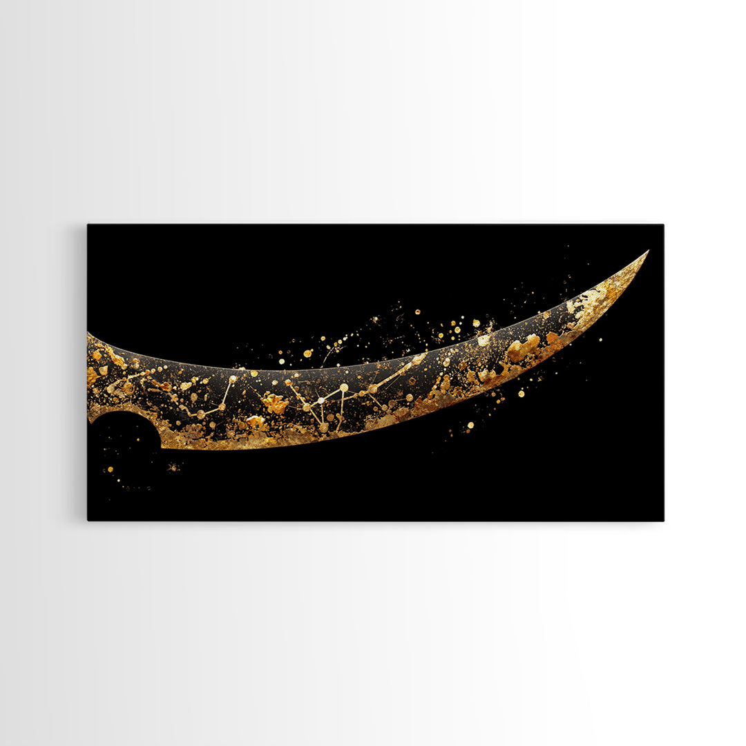 Curved Viking Blade Canvas Gold Art, Nordic Mythology Canvas Art Sword Print, Man Cave Wall Decor with real wood frame, warrior gift