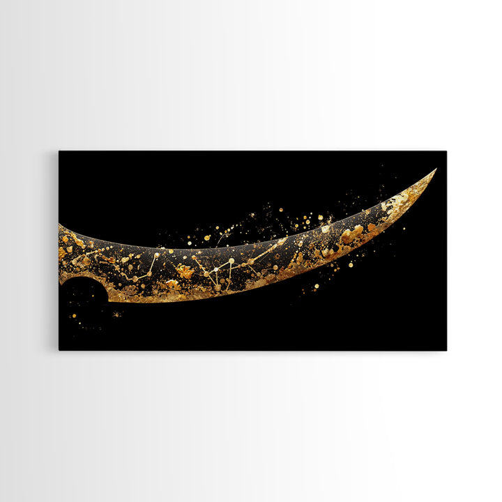 Curved Viking Blade Canvas Gold Art, Nordic Mythology Canvas Art Sword Print, Man Cave Wall Decor with real wood frame, warrior gift
