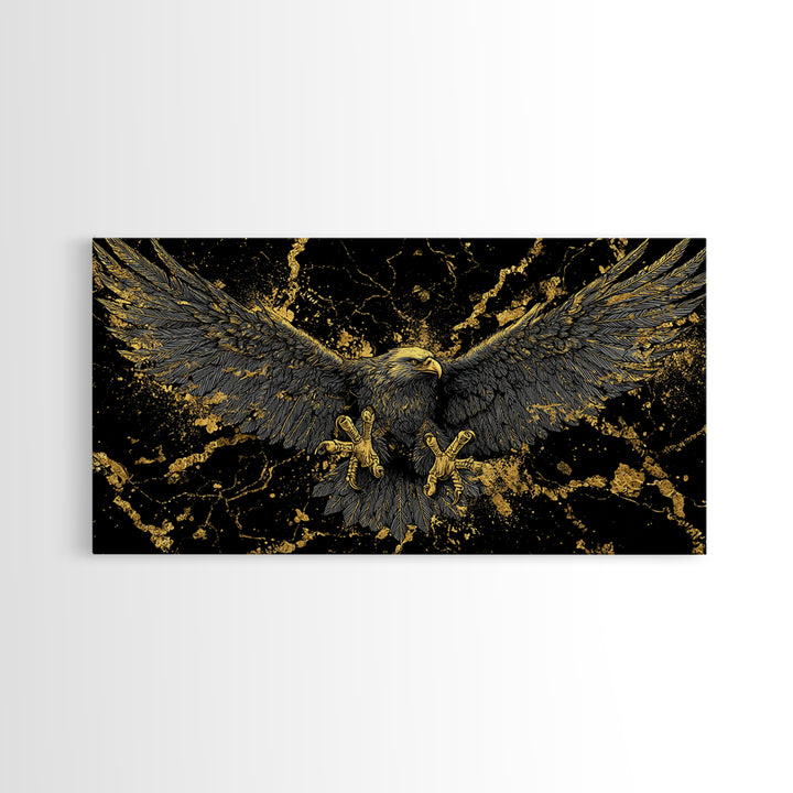 Odin’s Golden Eagle Canvas Gold Art, Norse Mythology Canvas Art Wall Decor, Viking Office Art framed in wood, bold masculine design