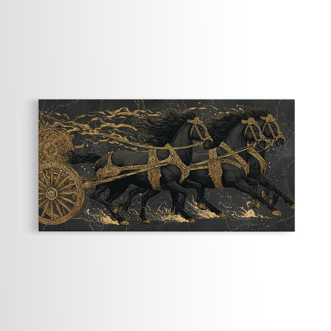 Viking War Chariot Canvas Gold Art, Nordic Mythology Canvas Art Print, Norse Decor for Office or Man Cave, framed with natural wood