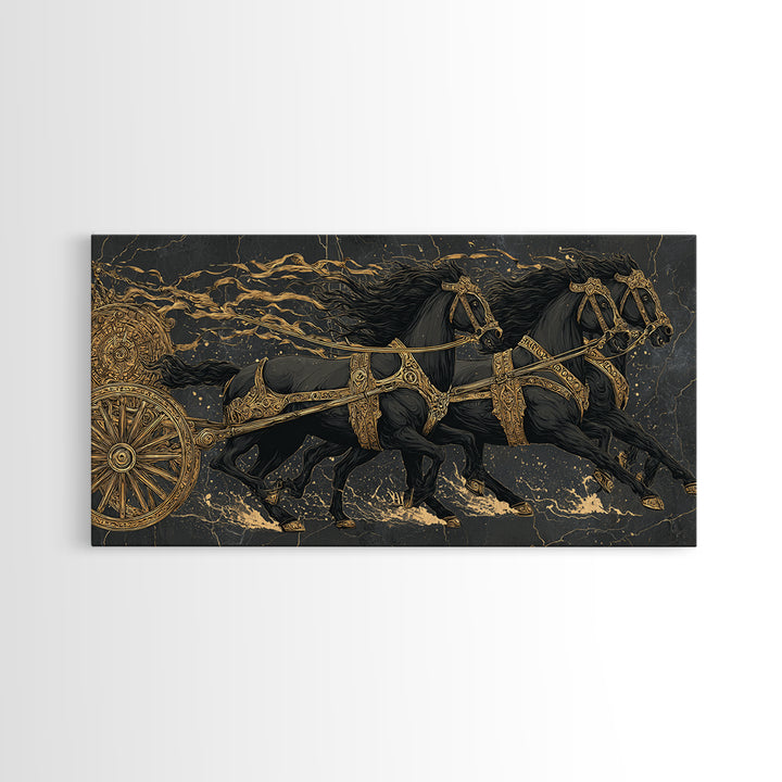 Viking War Chariot Canvas Gold Art, Nordic Mythology Canvas Art Print, Norse Decor for Office or Man Cave, framed with natural wood