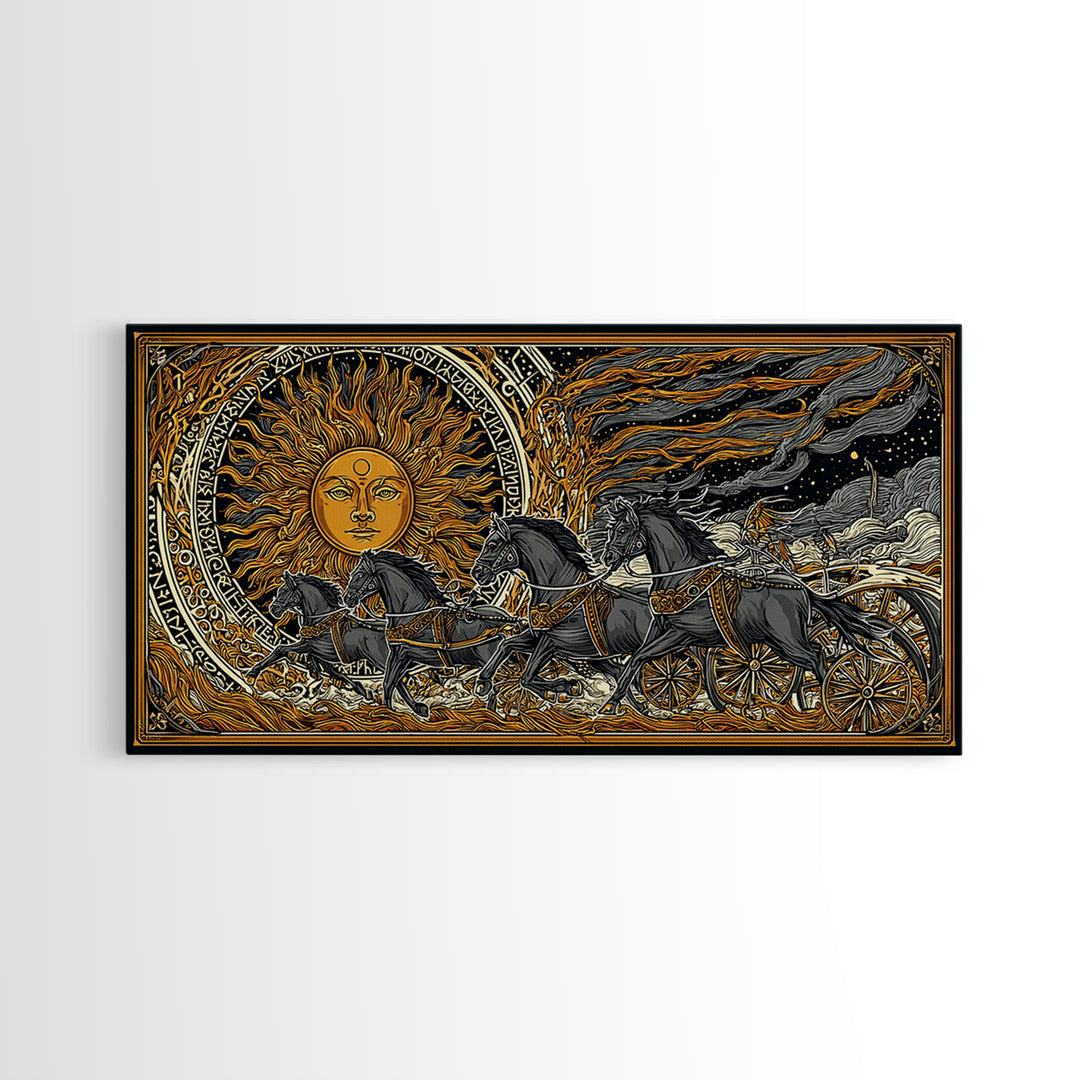 Sun Chariot of Sol Canvas Gold Art, Norse Mythology Canvas Art Wall Hanging, Viking Decor for Dad Gift, framed in authentic wood