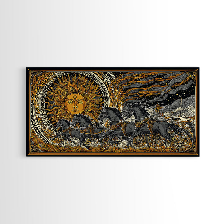 Sun Chariot of Sol Canvas Gold Art, Norse Mythology Canvas Art Wall Hanging, Viking Decor for Dad Gift, framed in authentic wood