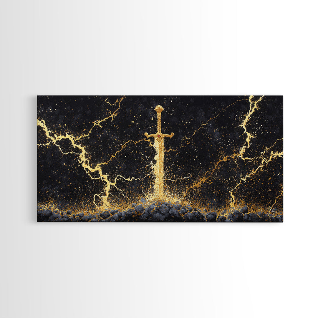 Excalibur Sword Canvas Gold Art, Norse Inspired Canvas Art Wall Decor, Mythology Office Art with wood frame, gift for men’s man cave