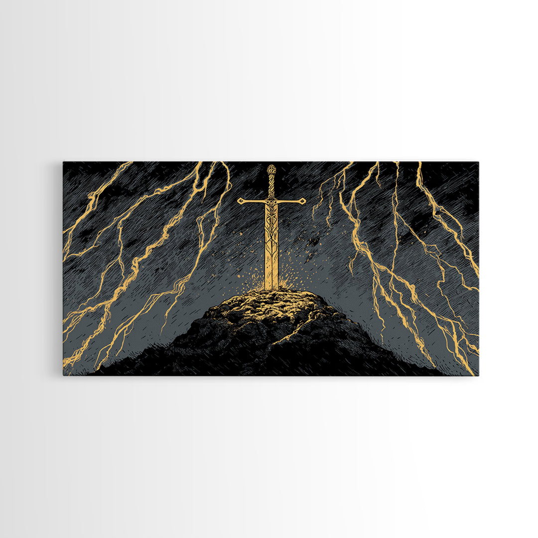 Storm Sword Canvas Gold Art, Nordic Mythology Canvas Art Print, Viking Office Wall Art framed in real wood, masculine gift idea
