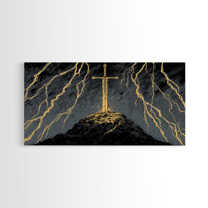 Storm Sword Canvas Gold Art, Nordic Mythology Canvas Art Print, Viking Office Wall Art framed in real wood, masculine gift idea