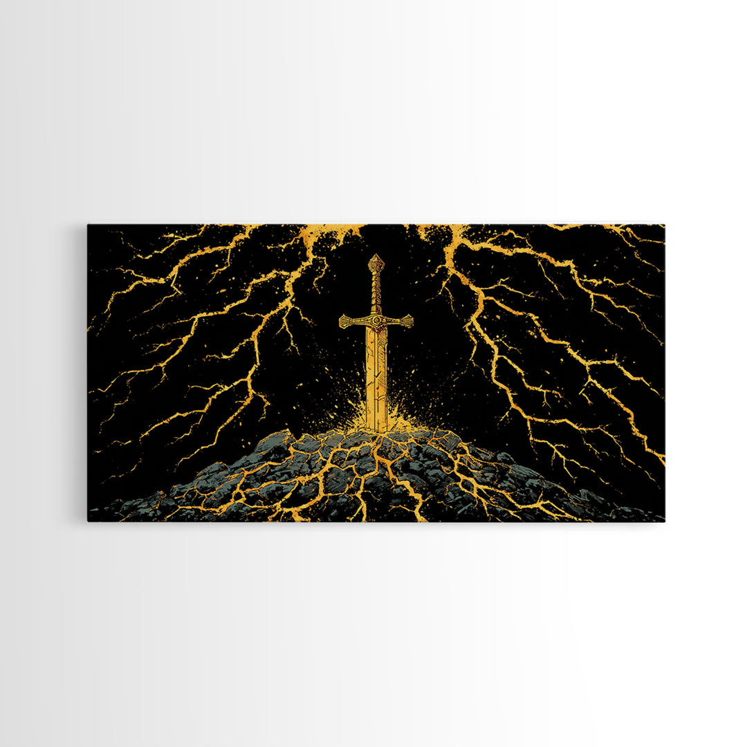 Lightning Sword Canvas Gold Art, Norse Mythology Canvas Art Wall Decor, Viking Warrior Office Art with natural wood frame, dad gift
