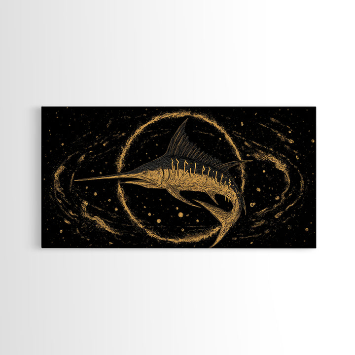 Swordfish Canvas Gold Art Nordic Mythology Inspired Canvas Art for Man Cave Wall Decor, Office Art Framed in Natural Wood