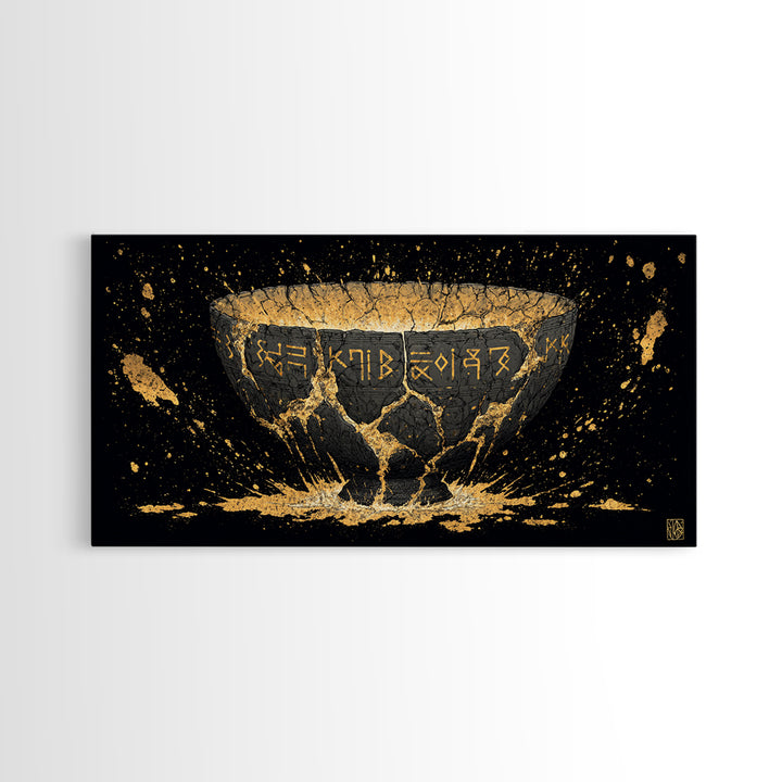 Viking Rune Bowl Canvas Gold Art, Nordic Mythology Canvas Art with Real Wood Frame, Unique Office Wall Decor, Man Cave Gift