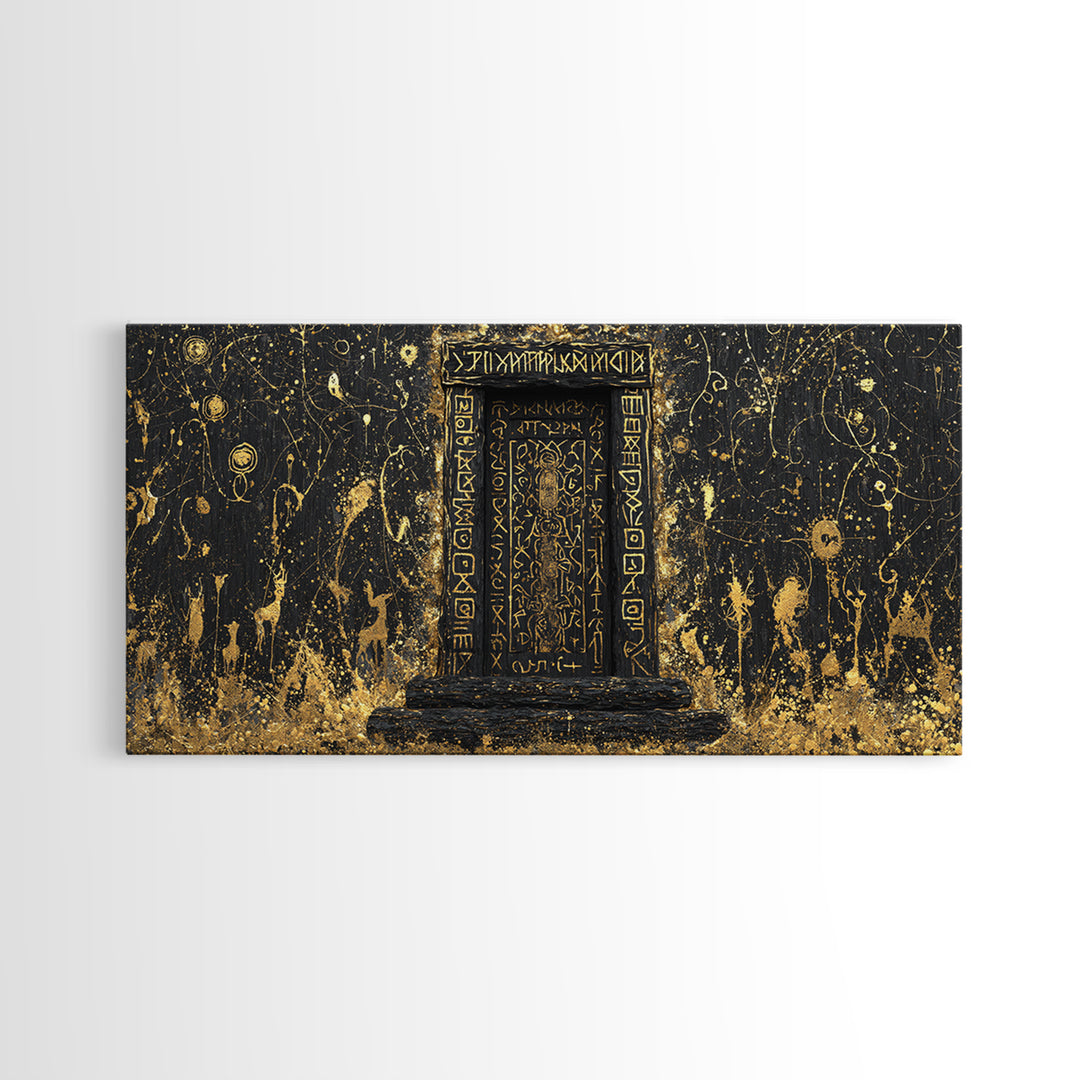 Runestone Doorway Canvas Gold Art, Nordic Mythology Inspired Canvas Art, Pagan Viking Office Decor Framed in Real Wood