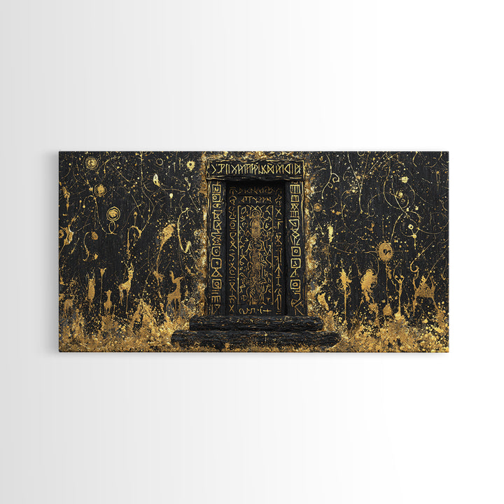 Runestone Doorway Canvas Gold Art, Nordic Mythology Inspired Canvas Art, Pagan Viking Office Decor Framed in Real Wood