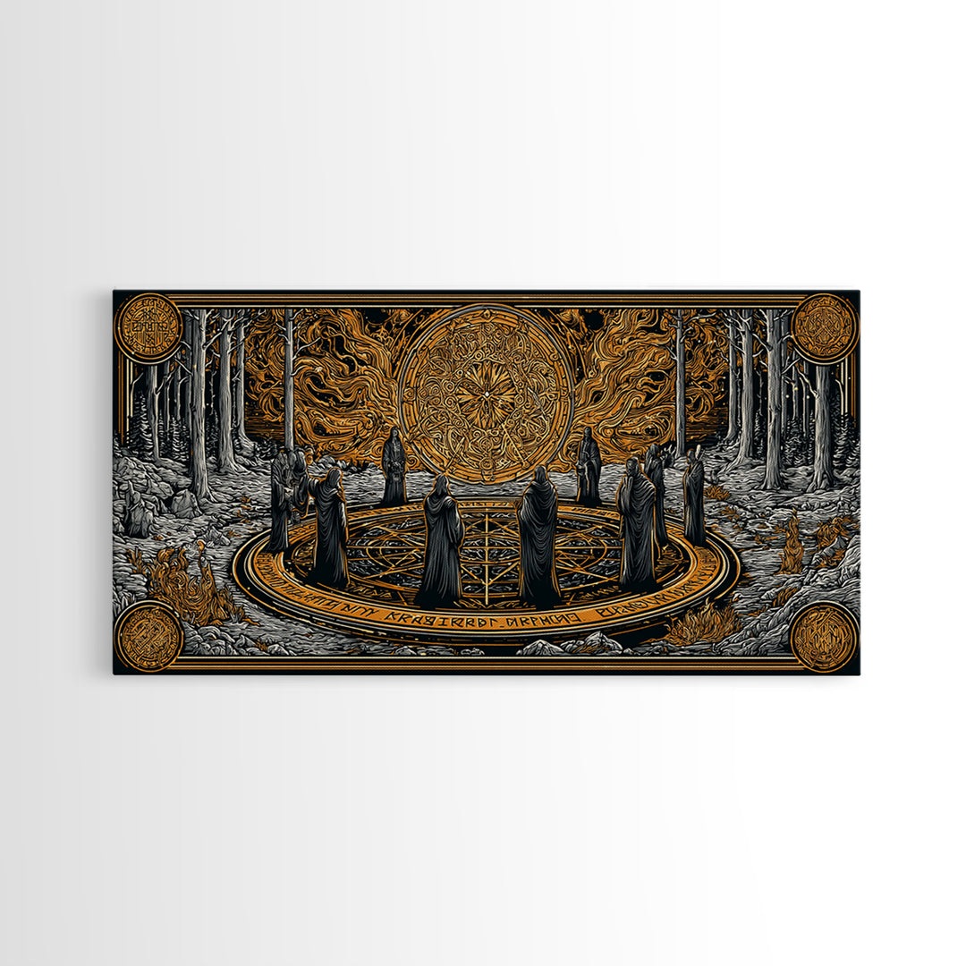 Nordic Ritual Circle Canvas Gold Art, Mythology Inspired Canvas Art, Mystical Office Wall Decor with Real Wood Framing
