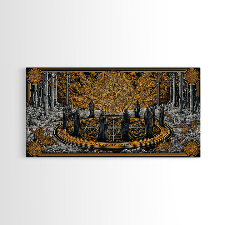 Nordic Ritual Circle Canvas Gold Art, Mythology Inspired Canvas Art, Mystical Office Wall Decor with Real Wood Framing