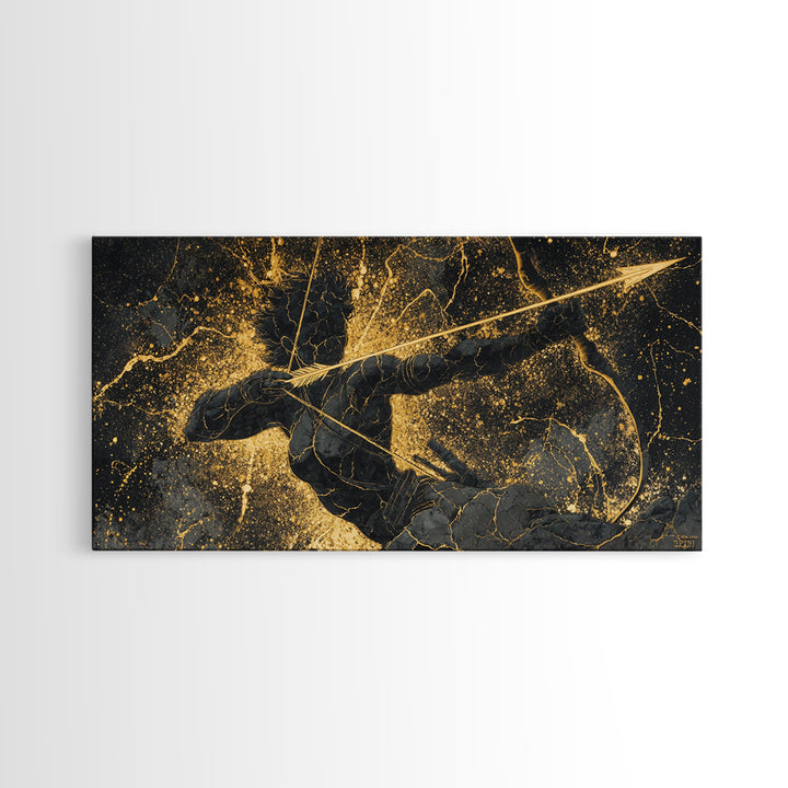 Archer Warrior Canvas Gold Art, Nordic Mythology Canvas Art for Office Wall, Unique Man Cave Decor, Real Wood Frame Gift