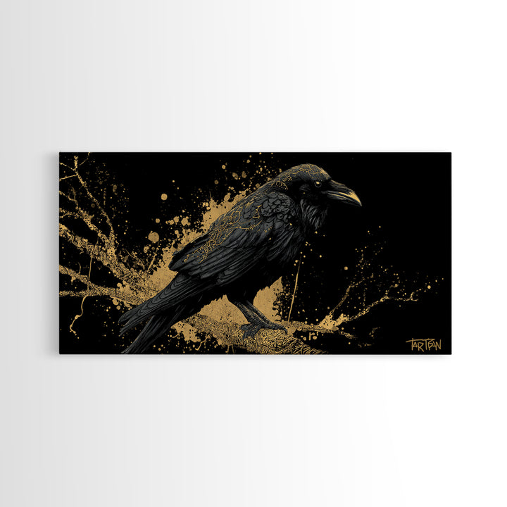 Viking Raven Canvas Gold Art Canvas Art Norse Wall Decor with Real Wood Frame, Nordic Mythology Office or Dad Gift Artwork