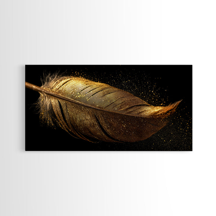 Golden Feather Canvas Gold Art, Norse Mythology Inspired Canvas Art, Viking Decor for Office or Study, Framed in Real Wood