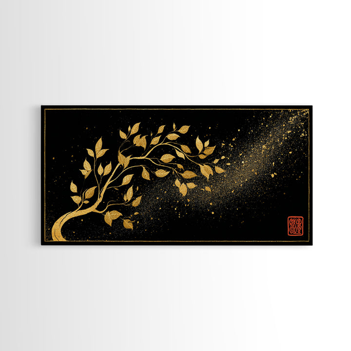 Yggdrasil Tree Canvas Gold Art, Nordic Mythology Inspired Canvas Art with Natural Wood Frame, Pagan Office Decor, Man Gift