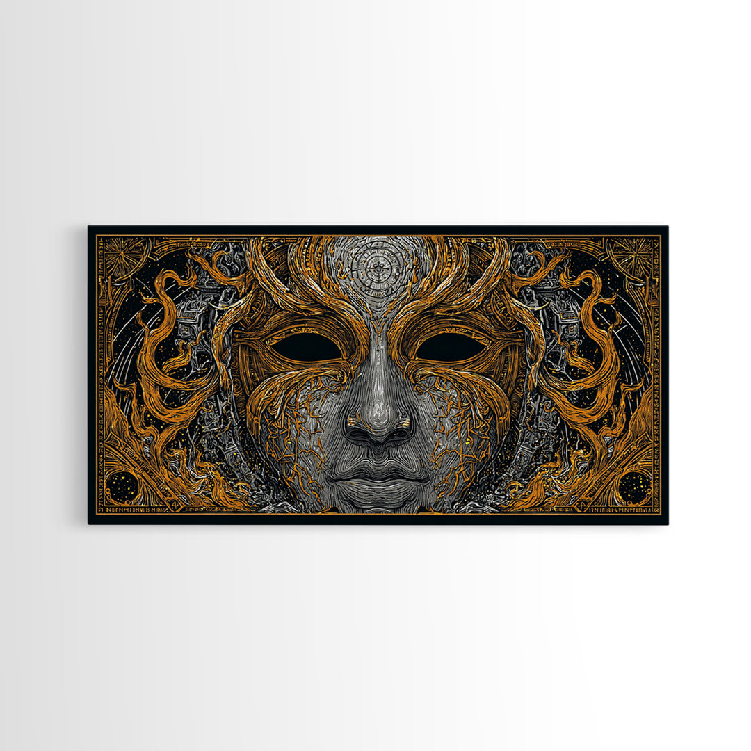 Odin’s Face Canvas Gold Art, Norse Mythology Inspired Canvas Art, Nordic Office Decor Framed in Natural Wood for Man Cave