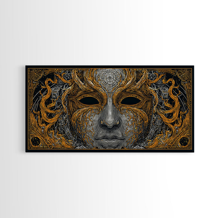 Odin’s Face Canvas Gold Art, Norse Mythology Inspired Canvas Art, Nordic Office Decor Framed in Natural Wood for Man Cave