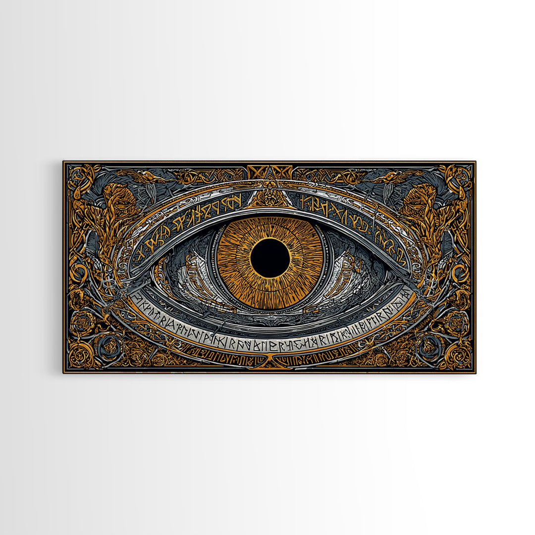 Odin’s Eye Canvas Gold Art Nordic Canvas Art Norse Mythology Wall Decor framed in natural wood, Man Cave Gift, Office Art