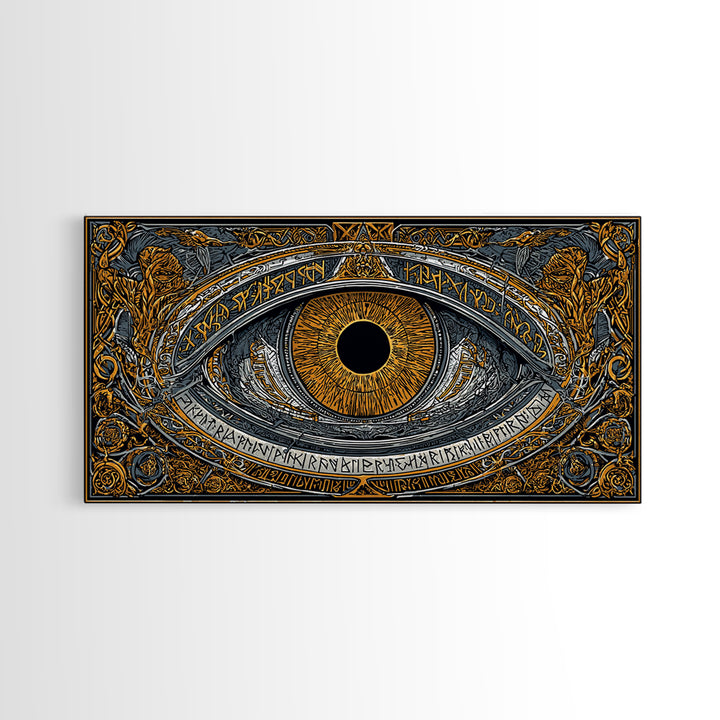 Odin’s Eye Canvas Gold Art Nordic Canvas Art Norse Mythology Wall Decor framed in natural wood, Man Cave Gift, Office Art