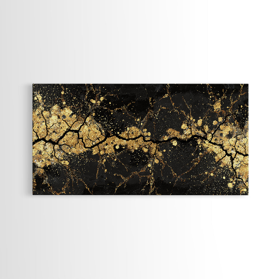 Cracked Stone Canvas Gold Art Nordic Canvas Art Norse Abstract Wall Decor in real wood frame, Man Cave Gift, Office Accent
